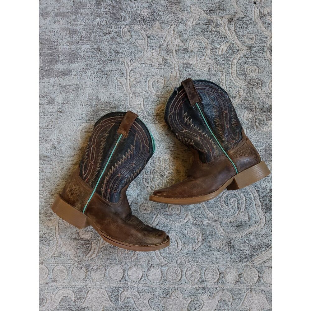 Ariat 4LR Kid's Western Boots Size 1 Brown Black Turquoise Accent Leather Riding